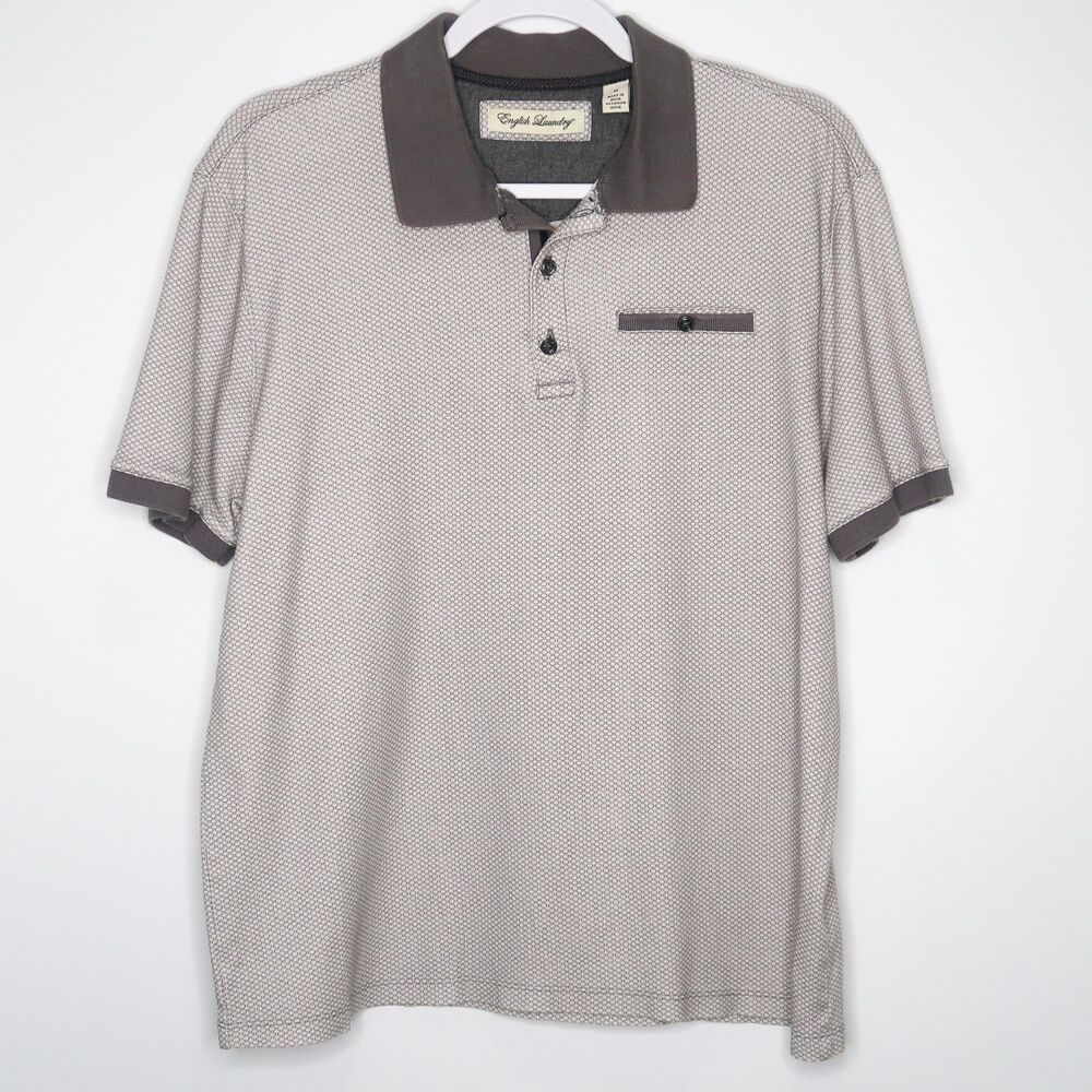 English Laundry Mens Polo Shirt Size Medium Gray Geometric Cotton Golf